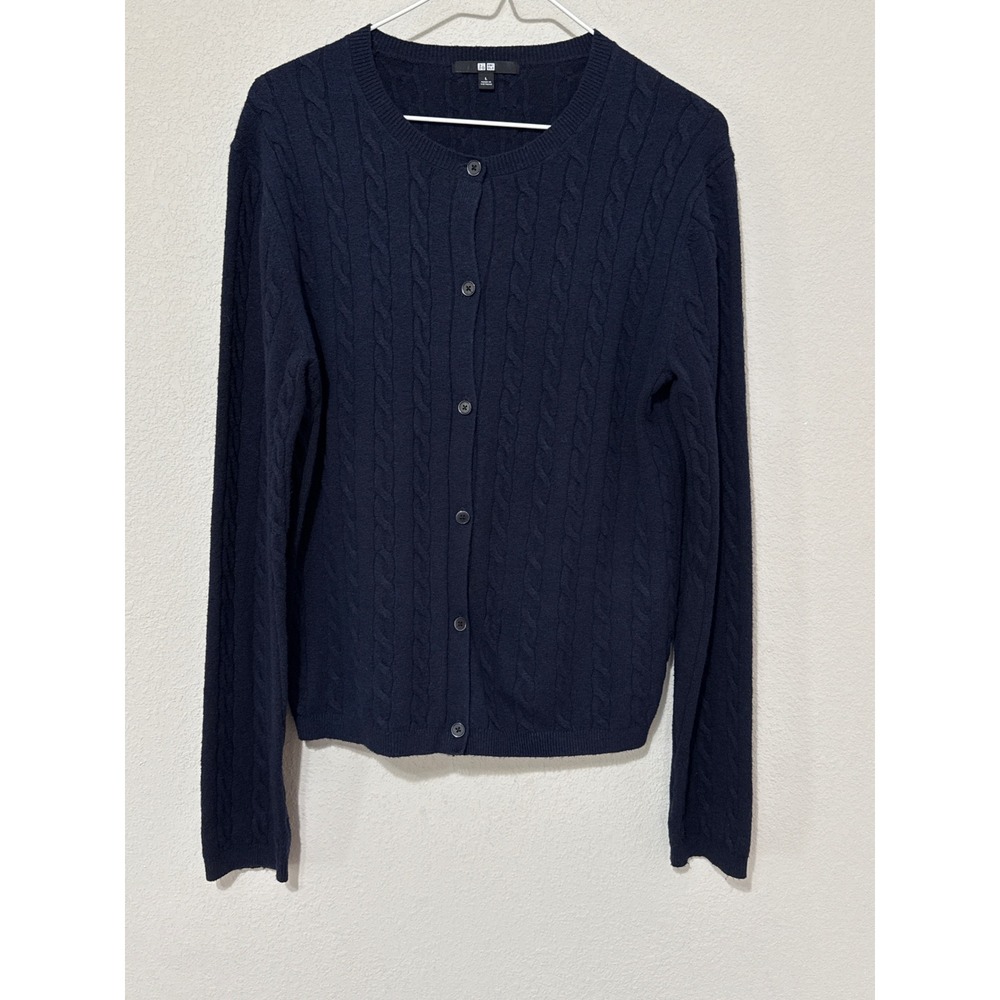 Uniqlo Cable Knit Cardigan Womens Large Navy Blue Button Front Sweater